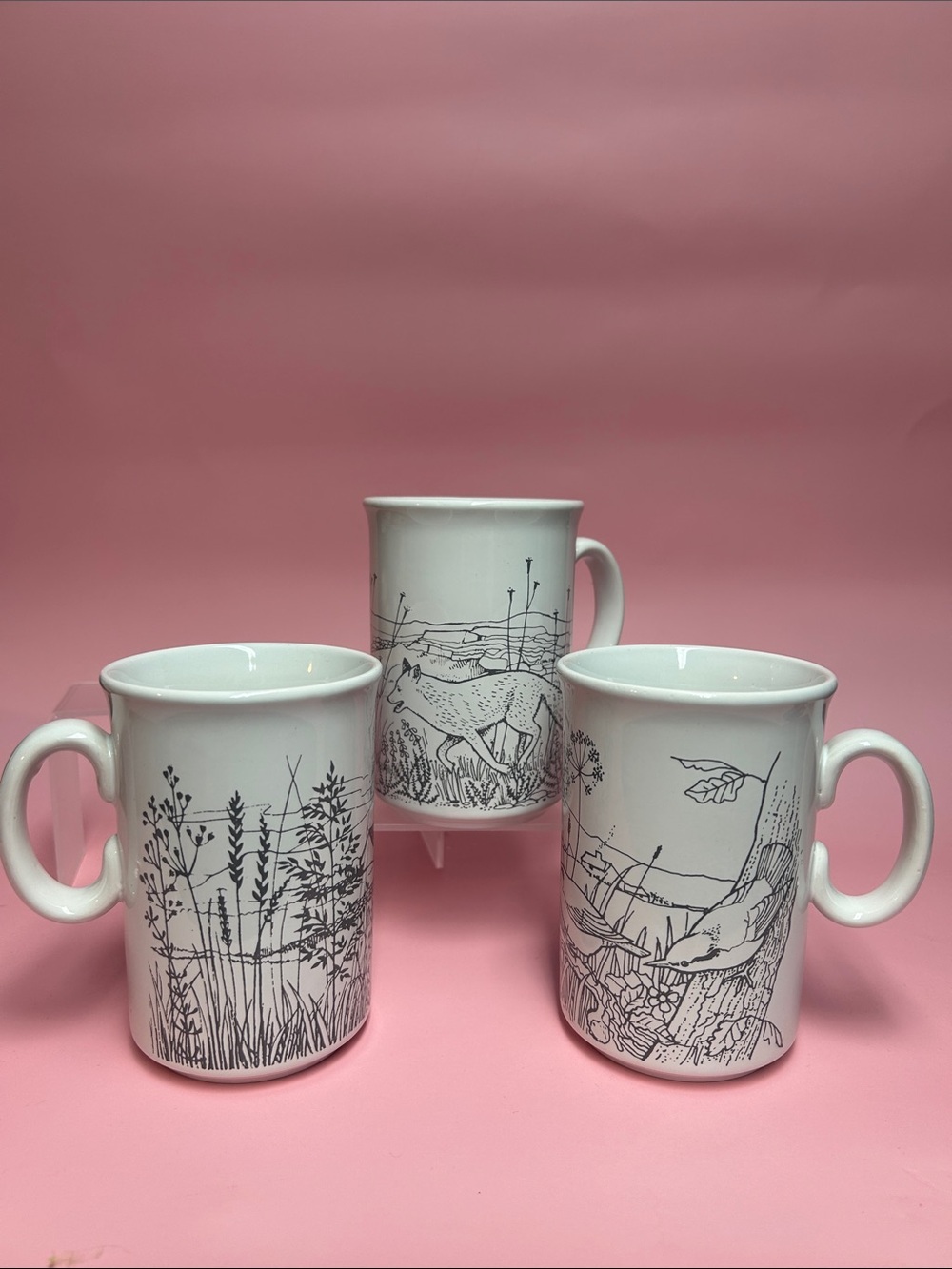 White Ceramic Mug with Black Nature Illustration - Set of 3